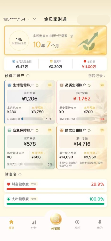 金贝家财通首页界面，展示财富自由进度、预算四账户与财务健康度